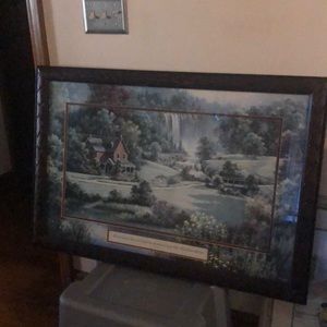 Solid wood leaf frame with house waterfall creek bridge and scripture John 7:38